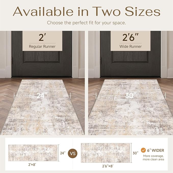 2'6x10 Washable Runner Rug Beige Grey Abstract Non Slip Soft Low Pile Hallway Kitchen Rug Neutral Modern Carpet for Laundry Bathroom Bedroom Living Room Home Decor