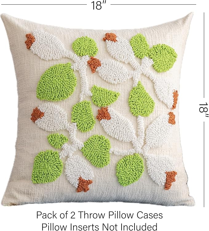 White Floral Embroidered Throw Pillow Covers 18" x 18" Set of 2, Farmhouse Flowers Green Leaves Tufted Patterned Cushion Cases for Couch Bed Living Room Decor