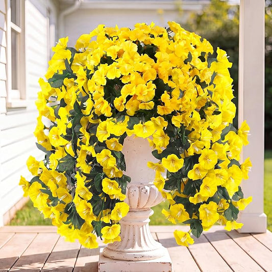 Sggvecsy Artificial Fake Hanging Flowers Plants for Outdoor Outside Spring Summer Decoration 4PCS Faux Silk UV Resistant Realistic Morning Glory Trailing Vines for Home Porch Patio Balcony(Yellow)