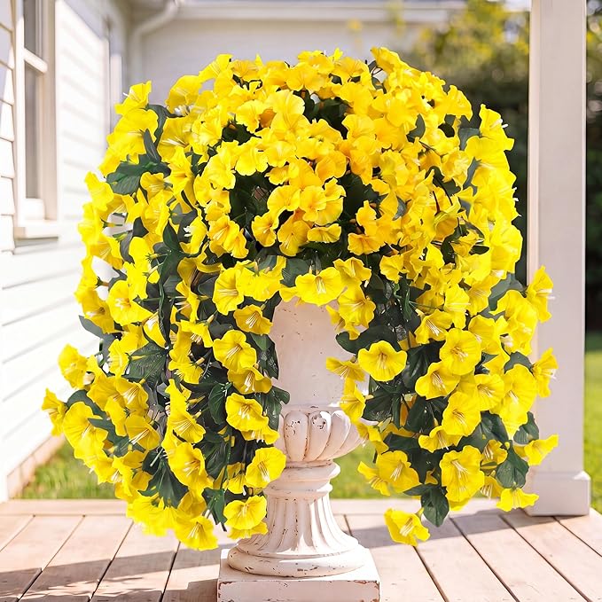 Sggvecsy Artificial Fake Hanging Flowers Plants for Outdoor Outside Spring Summer Decoration 2PCS Faux Silk UV Resistant Realistic Morning Glory Trailing Vines for Home Porch Patio Balcony(Yellow)