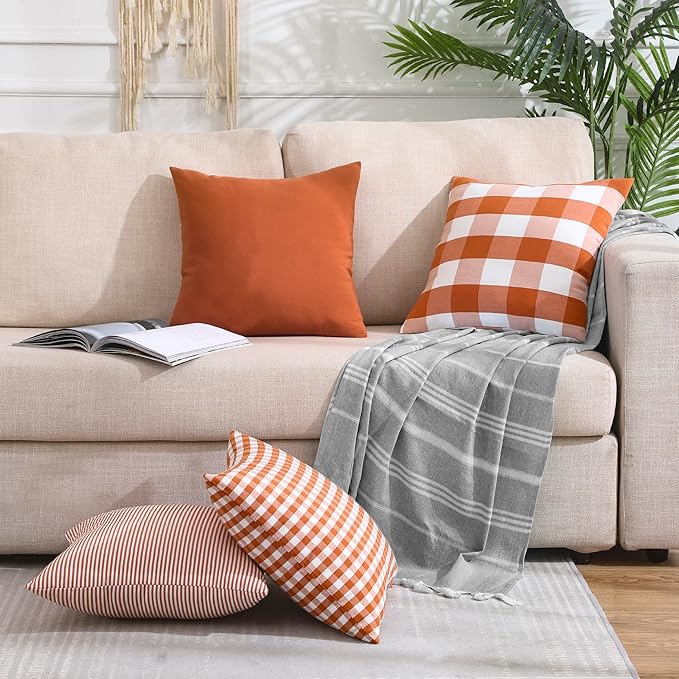 CARRIE HOME Burnt Orange Fall Buffalo Plaid Throw Pillow Covers 18x18 Set of 2 Checkered Throw Pillow Outdoor Fall Front Porch Decor for House and Yard