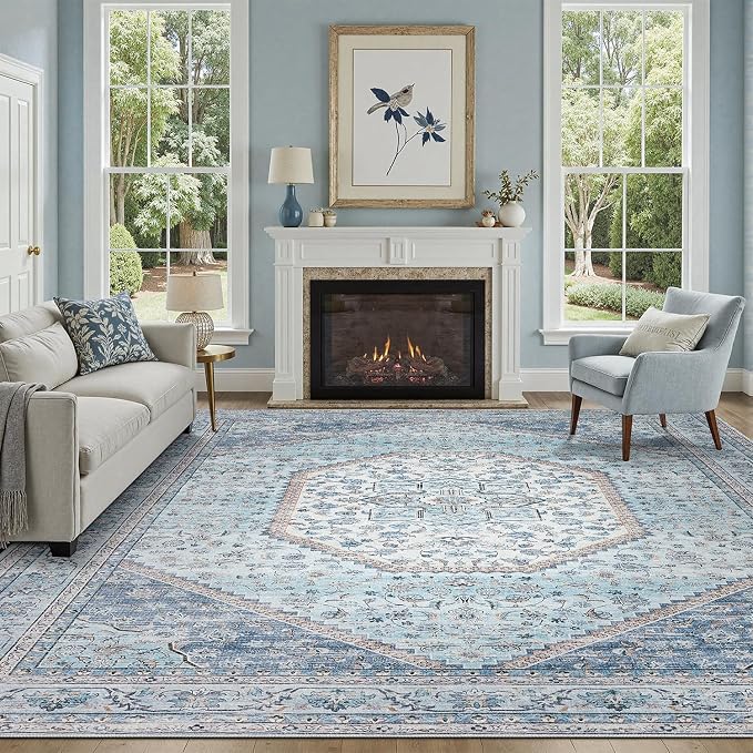 DCX Blue 8x10 Rug, Machine Washable Stain Resistant Kid & Pet Friendly with Rubber Back Non Slip Vintage Rug for Living Room, Bedroom, Home Office, Soft Low Pile Large Carpet