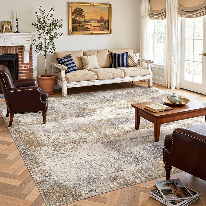 DMOYEST Area Rug Living Room Rugs - 7x9 Washable Large Soft Indoor Neutral Modern Abstract Low Pile Rug Carpet for Bedroom Dining Room Farmhouse Home Office - Brown Grey