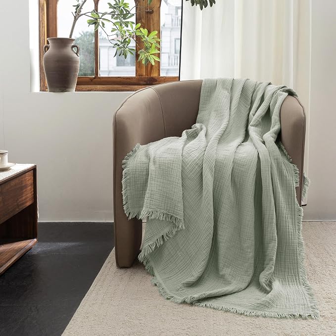 FOSSA Muslin Blanket 4-Layer 100% Cotton Gauze Blanket with Fringe 66"x90" | Super Soft Breathable Lightweight All Season & Decorative Blanket or Bed, Sofa, Office (Sage Green,Twin XL)