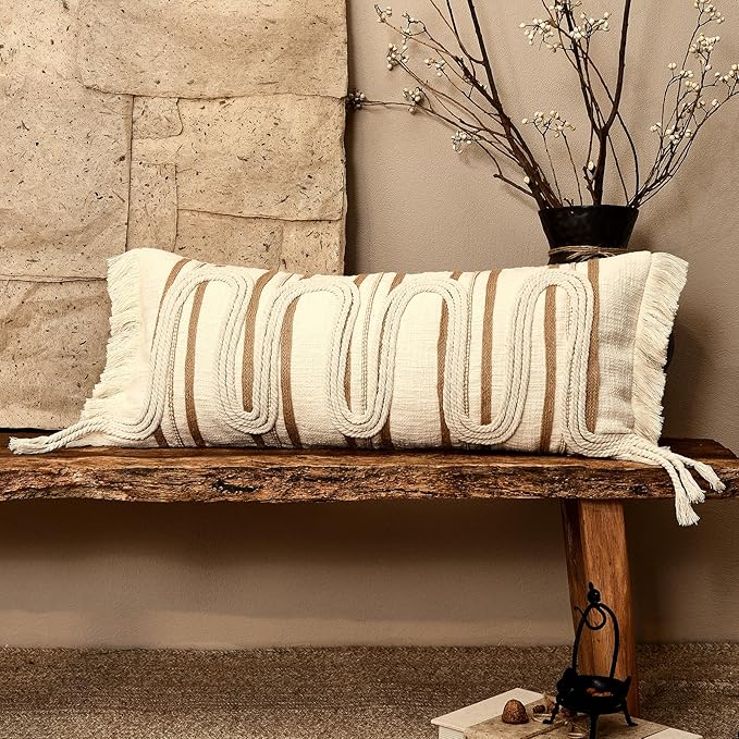 Decorative Lumbar Pillow Cover 12x28, Handwoven Boho Long Body Pillow for Bed Farmhouse Lumbar Throw Pillow, Cotton Linen Tassel Cushion Case for Sofa, Living Room, Bedroom(Beige)