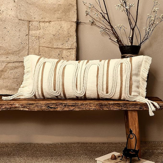 Decorative Lumbar Pillow Cover 12x28, Handwoven Boho Long Body Pillow for Bed Farmhouse Lumbar Throw Pillow, Cotton Linen Tassel Cushion Case for Sofa, Living Room, Bedroom(Beige)