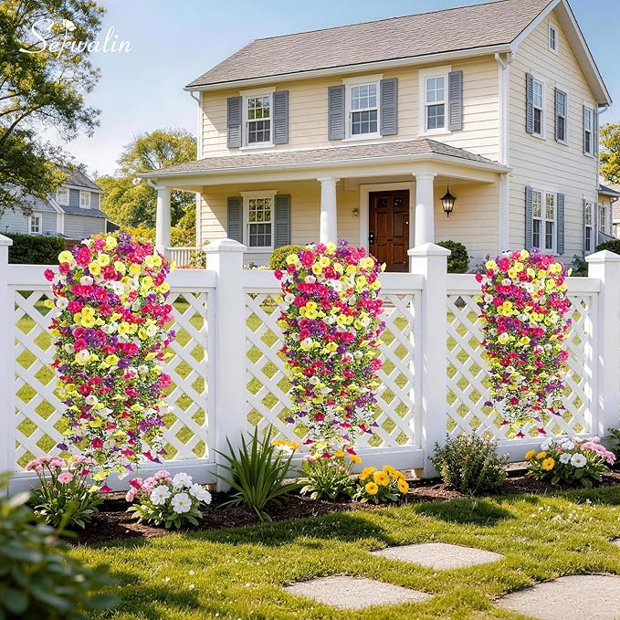 Serwalin Artificial Hanging Flowers for Outdoors UV Resistant, 4PCS Faux Morning Glory Fake Outdoor Flowers Realistic Silk Flower Plants for Outside Planter Front Door Porch Patio Yard Decor