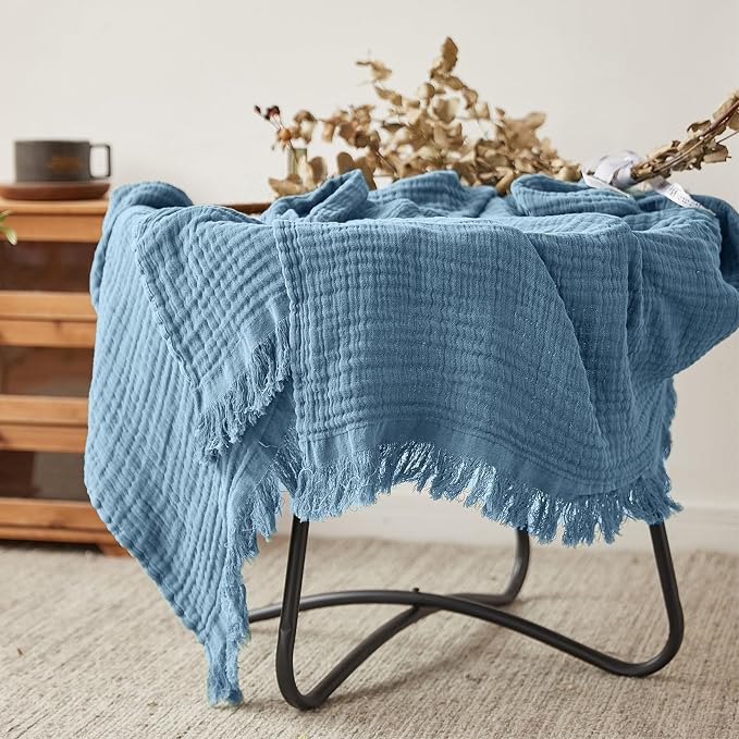 FALUCA Cotton Muslin Throw Blanket 50x60 Inches for Bed, Couch, Knit Woven Gauze Blanket, Soft Lightweight Cozy Breathable Farmhouse Decoration for All-Season, Dusty Blue