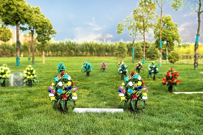 LVXINLI 2 Sets Artificial Cemetery Flowers,Outdoor Grave Decorations Roses,Beautiful Arrangements Bouquet with Cemetery Vase,Lasting and Non-Bleed Colors (Colorful)