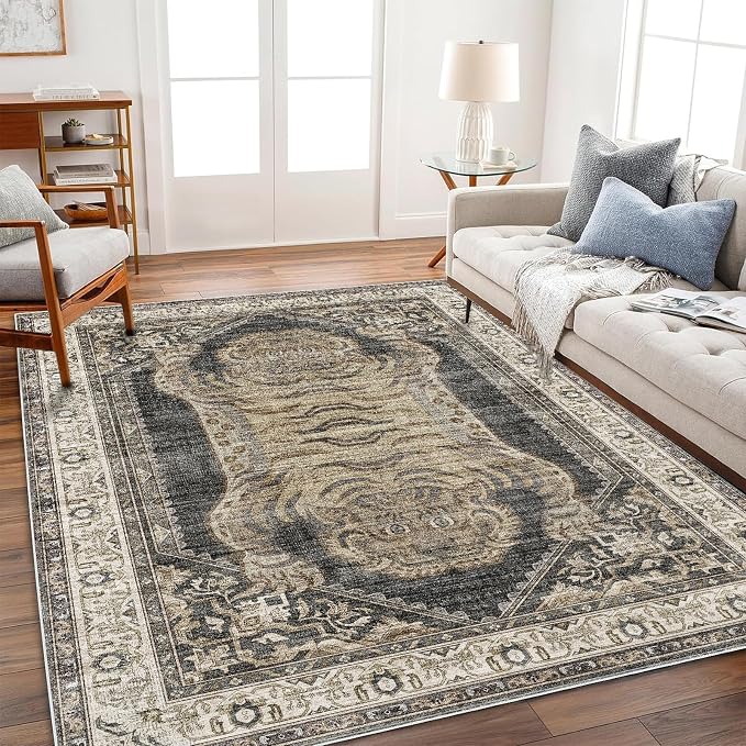 CHAMPLANT Washable Area Rug 4'x6' Vintage Traditional Floor Cover Foldable Thin Rugs Retro Kitchen Indoor Distressed Non Slip Carpet Floral Print Mat Bedroom Living Room