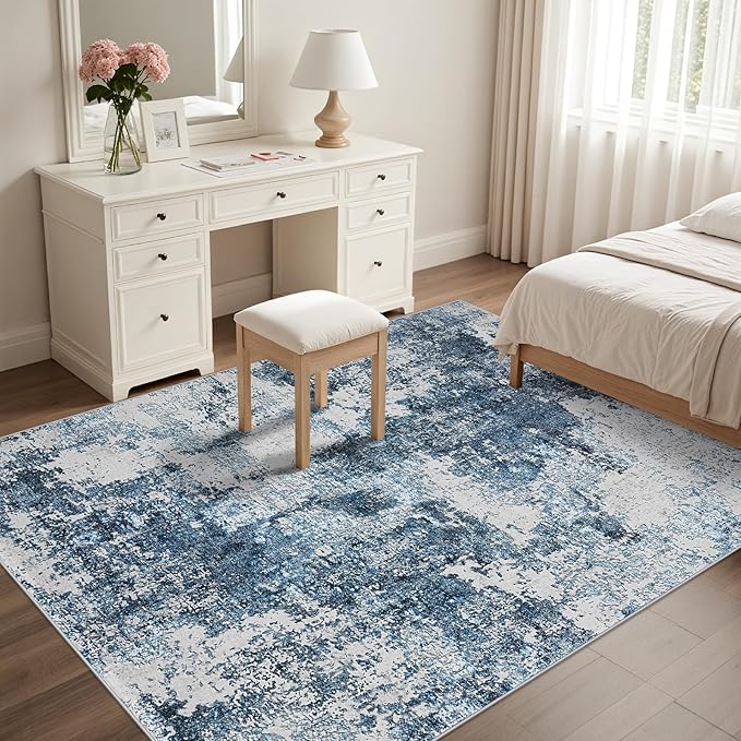 Area Rug Living Room Rugs: 5x7 Washable Rug with Anti-Slip Backing Non-Shedding Stain-Resistant Foldable Modern Abstract Carpet for Bedroom Dining Room Nursery Home Office (Blue)