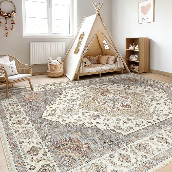 6x8 Area Rug Living Room: Washable Boho Large Neutral Vintage Soft Rugs Stain Resistant Farmhouse Non-Slip Indoor Floor Carpet for Bedroom Nursery Kids Playroom Office Dining Room- Orange Beige