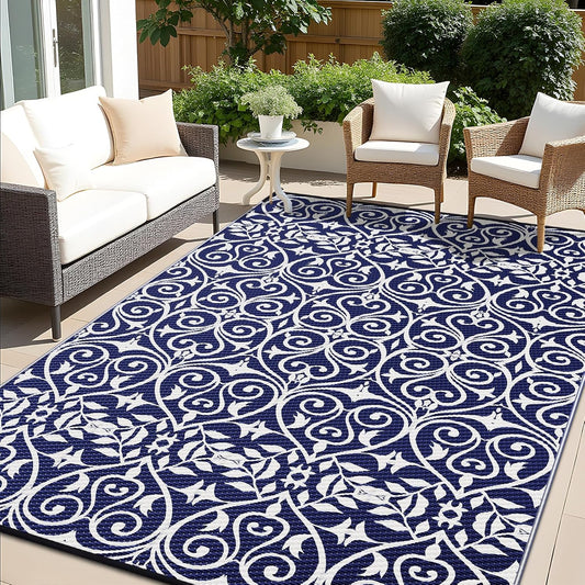 OLANLY Outdoor Rug Waterproof 6x9 ft Clearance, Reversible Outdoor Plastic Straw Rug with Floral Pattern, RV Mat for Patio, Camping, Balcony, Deck, Backyard, Navy & White