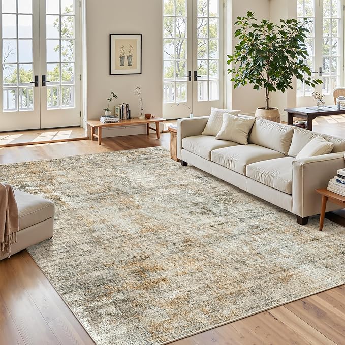 Soalmost Abstract Rug 5x7 Machine Washable Area Indoor Orange Low Pile Non-Slip Foldable Thin Accent Rugs for Bedroom Living Room Dining Room