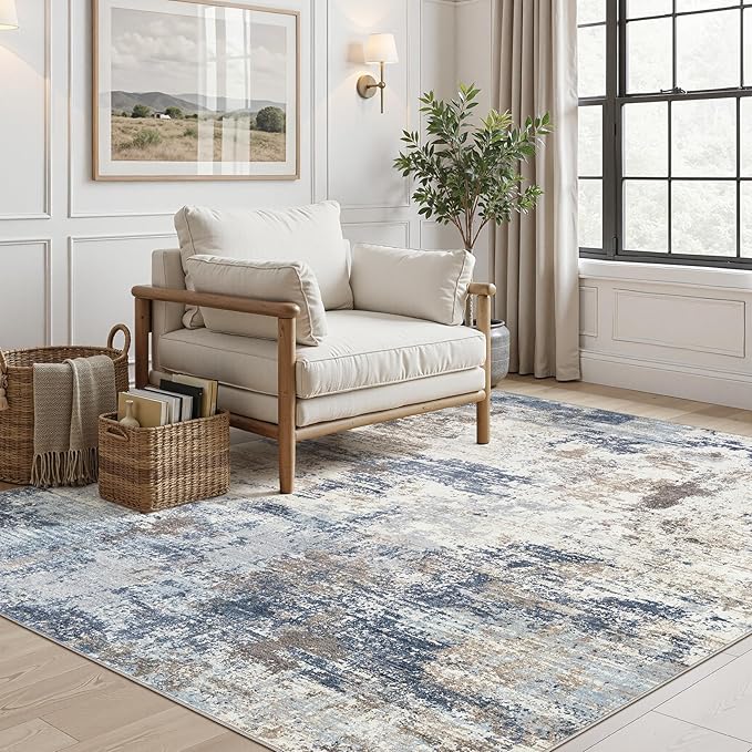 UERMEI 5x7 Area Rug Living Room Rugs - Washable Neutral Modern Abstract Soft Thin Large Rug Indoor Floor No Slip Rug Carpet for Bedroom Under Dining Table Home Office Decor - Denim Blue