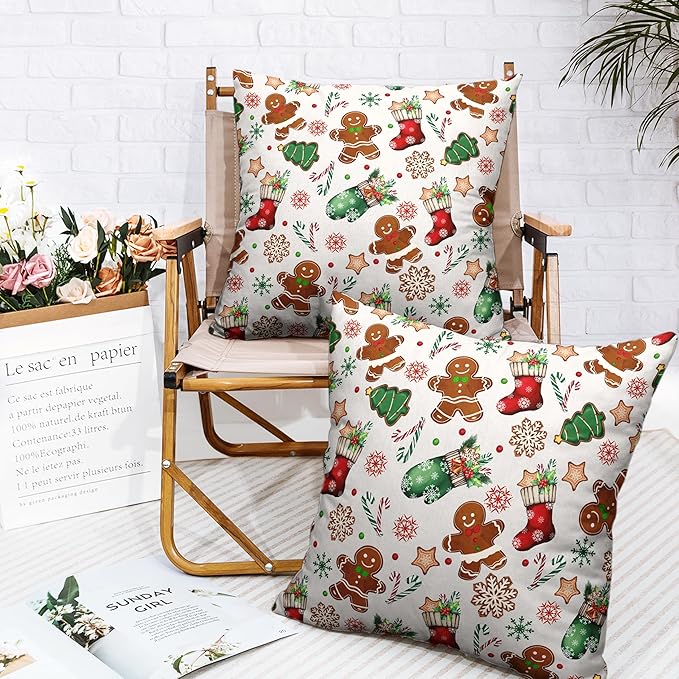 Christmas Pillow Covers 18x18 Set of 2 Gingerbread Man Throw Pillow Covers Xmas Tree Socks Gloves Snowflakes Pillow Case for Holiday Decor Couch Sofa