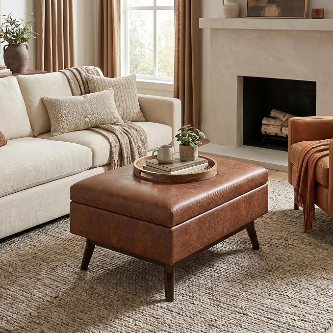 SIMPLIHOME Owen Coffee Table Storage Ottoman - 34" Wide x 19" High Upholstered Vegan Leather Rectangular Lift-Top Ottoman in Distressed Saddle Brown, Mid-Century Modern Bench with Tapered Legs