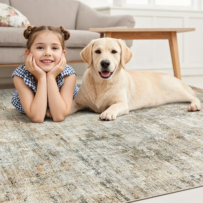 Soalmost 9x12 Area Rugs for Living Room, Non-Slip Machine Washable Vintage Rugs, Abstract Low Pile Lightweight Large Rug for Bedroom, Dining Room, Home Office Orange