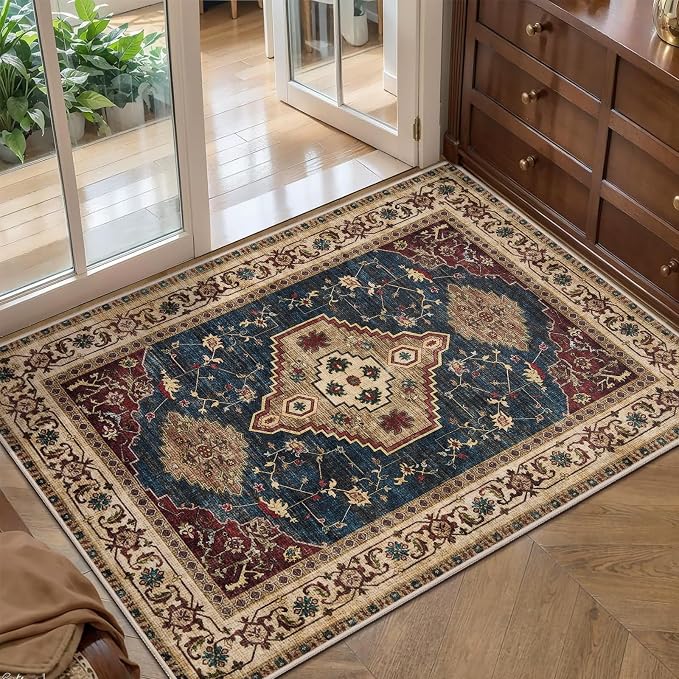Tangsoo Oriental 2x3 Washable Rugs, Vintage Non Slip Small Area Rug, Indoor Front Door Rug for Entryway, Door Mat Indoor Entrance Soft Low Pile Throw Rugs for Entry Kitchen Bedroom Dark Blue Beige