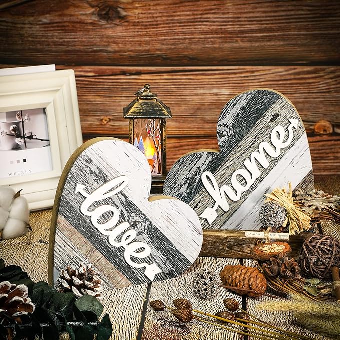 Jetec 2 Pcs Rustic Wooden Heart Table Decor, Daisy Farmhouse Home Decor, Bless This Home & Be Kind Sign for Living Room, Dining Room, Shelf & Mantel, Ideal Housewarming & Birthday Gift(Vintage Style)
