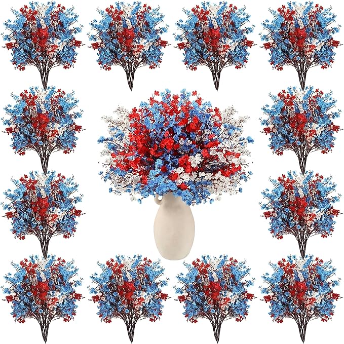 Lyrow 48 Pcs Red Blue White Patriotic Artificial Flowers 4th of July 250th Anniversary Table Centerpieces Decor Fake Babys Breath Pick Stems Floral Arrangement for Veterans Memorial Day Home Outdoor
