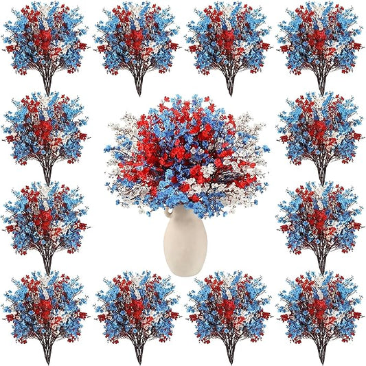 Lyrow 48 Pcs Red Blue White Patriotic Artificial Flowers 4th of July 250th Anniversary Table Centerpieces Decor Fake Babys Breath Pick Stems Floral Arrangement for Veterans Memorial Day Home Outdoor