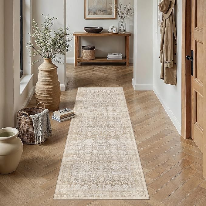 2x5 Beige Washable Neutral Runner Rug for Living Room Floral Non Slip Low Pile Runner Indoor Vintage Traditional Stain Resistant Distressed Carpet Kitchen Bedroom Dining Room Hallway Bathroom