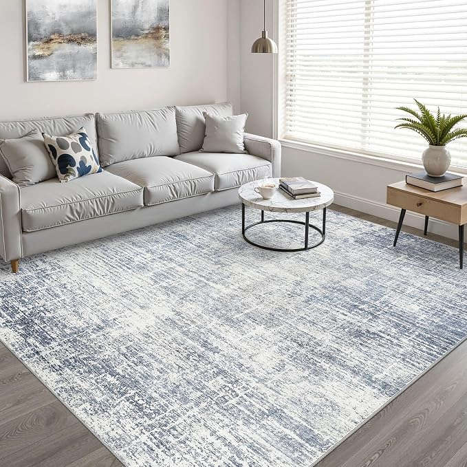 10x13 Area Rug Living Room: Washable Large Neutral Blue Rug Abstract Soft Modern Stain Resistant Indoor Floor Non-Slip Carpet for Bedroom Nursery Kids Office Playroom Dining Room Under Table Home