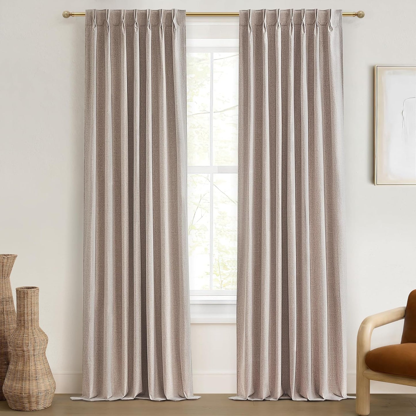 Extra Long Blackout Curtains for 10 Foot High Living Room Large Window Pinch Pleated Linen Look Drapes 120 Inches Long 2 Panels Set Noise Cancelling Thermal Light Blocking Farmhouse Luxury