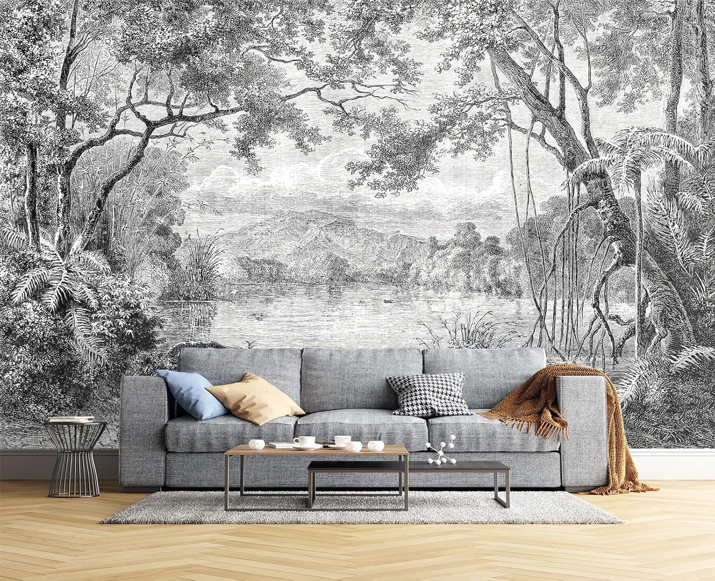 Black and White Tropical Rainforest Wall Mural Wallpaper for Bedroom 137" x 100"