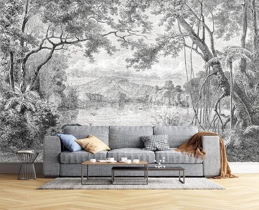 Black and White Tropical Rainforest Wall Mural Wallpaper for Bedroom 137" x 100"