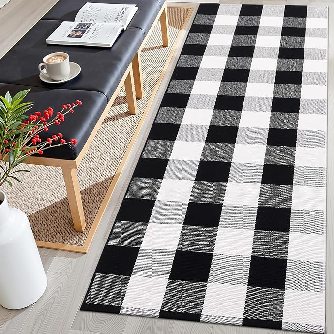 OLANLY Buffalo Plaid Rug 2' x 6' – Black and White Cotton Checkered Doormat, Washable Indoor Outdoor Rug for Layered Front Porch, Kitchen, Entryway Decor