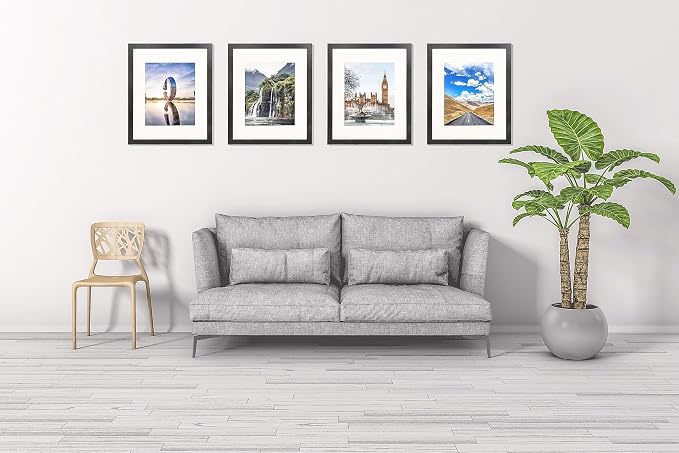 The Display Guys - Black Wooden Minimalist Picture Frames Set - Tempered Glass - 16x20 matted to 11x14 - Wall Hanging - 4-Pack