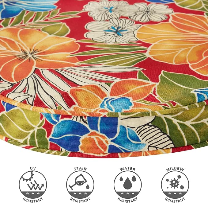 Set of 2 Outdoor 18 inch Round Patio Dining Chair Pads – Comfortable Fiber-Filled Seat Cushions with Ties, Reversible Polyester Fabric, Aloha Red Floral