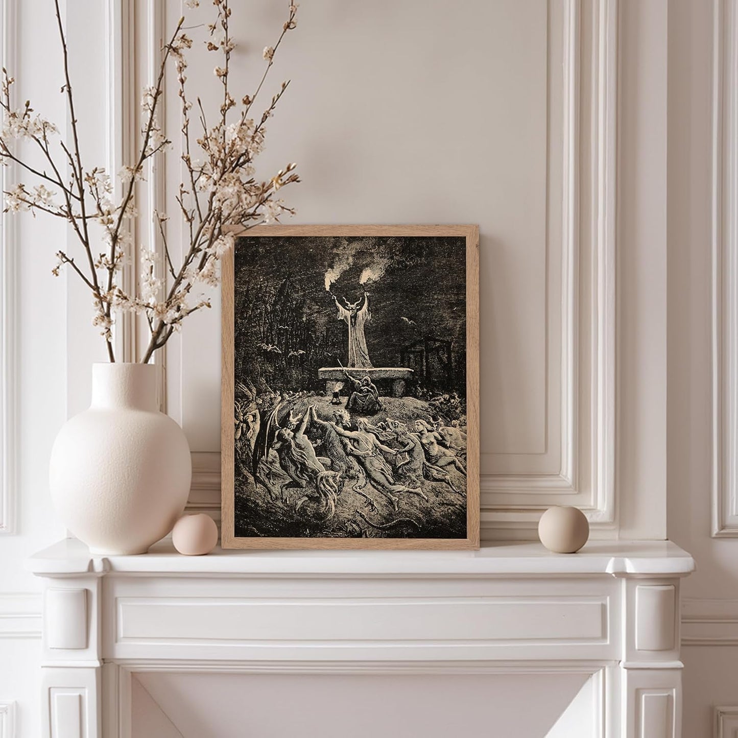 Poster Master Vintage Gustave Dore Poster - Retro Illustration Print - Gift for Gothic, Horror Fan - Dance of Sabbath, Witch, Magic, Spell - Wall Decor for Bedroom, Dorm, 11x14 Beige Framed