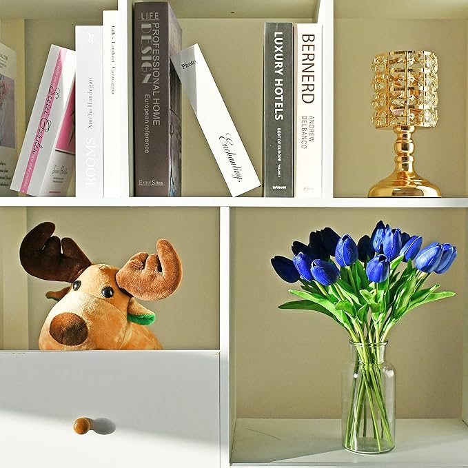 Mandy's Royal Blue Artificial Tulips Flowers Centerpiece, 13.5" Lifelike PU Fake Floral Stems 20pcs for Kitchen Island & Dining Table, Spring Decor for Easter