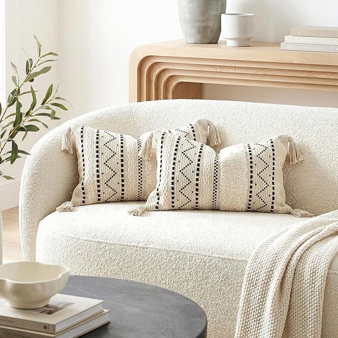 BlissBlush Decorative Lumbar Throw Pillow Covers 12x20 Combo Set of 2 Rectangular Boho Accent Pillowcase Black Neutral Farmhouse Cushion for Couch Sofa Bedroom Living Home Décor Cover ONLY