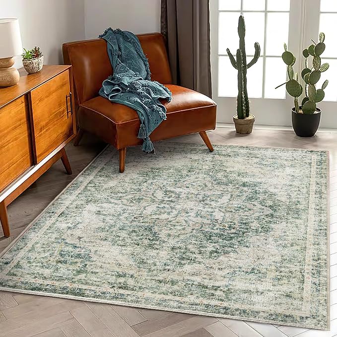 CHAMPLANT Area Rug 5'x7' Washable Rug Vintage Traditional Floor Cover Thin Retro Kitchen Indoor Distressed Non Slip Carpet for Living Room Bedroom Dining Room