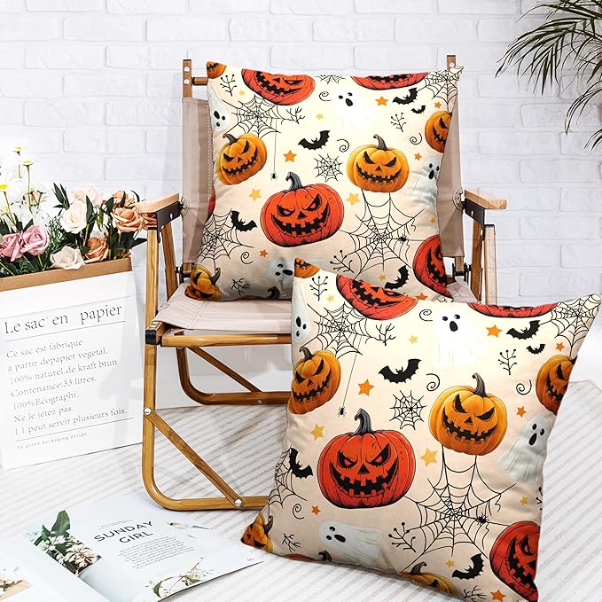 Halloween Pillow Covers 24x24 Set of 2 Jack-O-Lantern Bat Spider Web Ghost Throw Pillow Covers Horror Pumpkin Pillowcase Holiday Decor Cushion Case for Party Outdoor Sofa