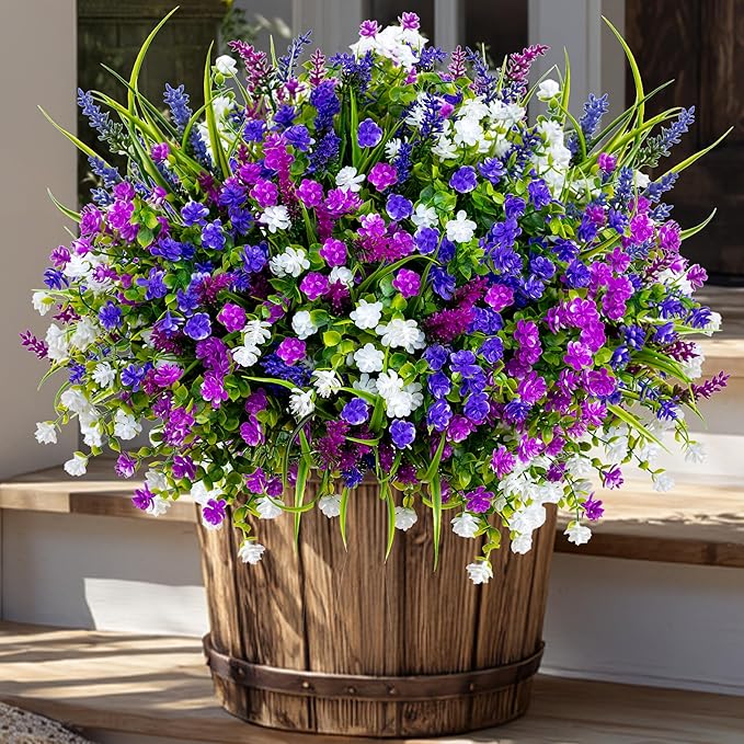 AXYLEX Artificial Flowers for Outdoors Fake Plants - 12 Bundles Faux Outside Greenery Boxwood No Fade Plastic Shrubs Home Decor Farmhouse Garden (Mixed, 3 Colors Magenta Purple White)