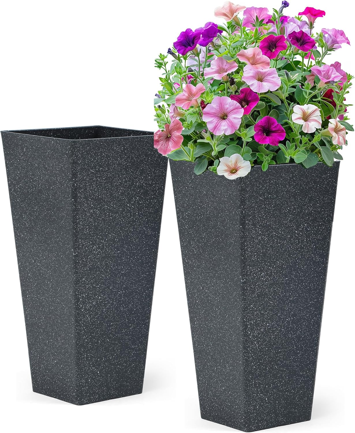28" Large Tall Planters for Outdoor Plants, Set of 2 V-Shaped Planter Box with Black Terrazzo Look, Durable and Weather Resistant, Ideal or Garden, Patio, Porch or Home use.