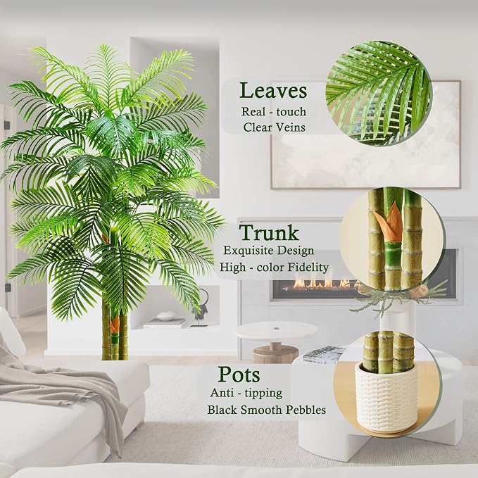Artificial Golden Cane Palm Tree：6T Fake Large Tropical Areca Palm Trees Tall Faux Silk Plant in White Pot with Realistic Triple Textured Trunks for Office Outdoor Home Decor Hotel Patio Lobby