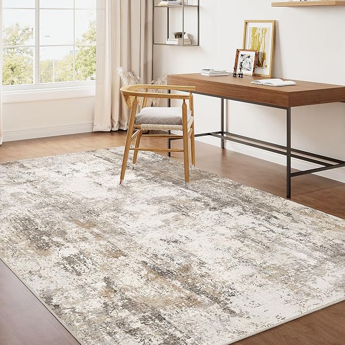 3x4 Washable Area Rug Brown Grey Abstract Non Slip Soft Low Pile Rug for Entryway Kitchen Bathroom Neutral Modern Throw Carpet for Living Room Bedroom Home Decor