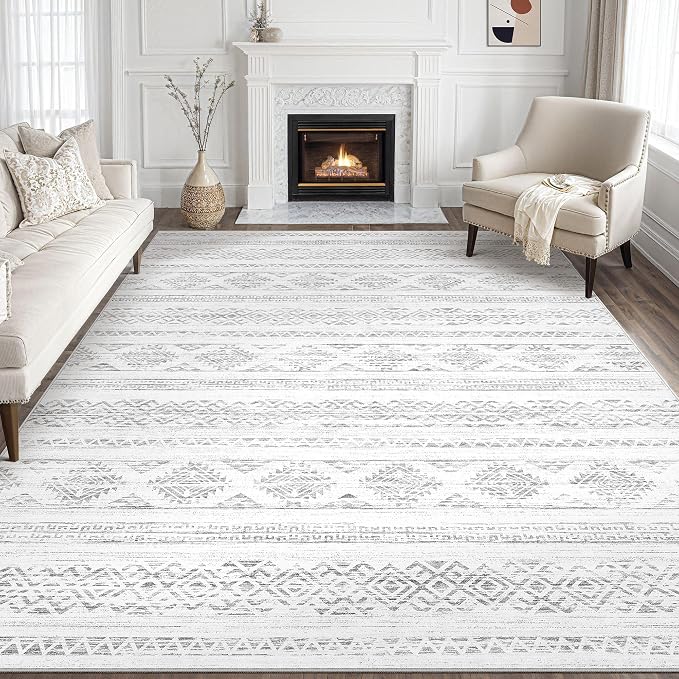 Tortania Area Rug Living Room Rugs - 9x12 Washable Large Soft Neutral Boho Moroccan Bohemian Farmhouse Rug Indoor Floor Carpet for Bedroom Under Dining Table Home Office Decor - Ivory Gray