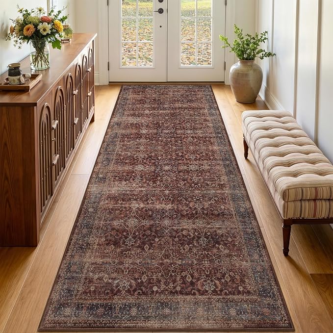 3x8 Hallway Runner Rug, Entryway Kitchen Runners Non Skid Washable 8 ft, Non Slip Ultra Thin Print Carpet Runner for Corridor Mudroom Foyer Bathroom Bedroom, Vintage Farmhouse Brick Red