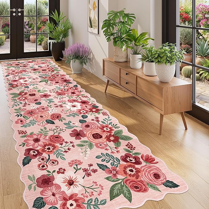 DUKINO 3x10 Washable Runner Rug, Non Slip Floral Ultra Soft Runner for Hallway, Lightweight Low Pile & Stain Resistant Long Throw Carpet for Kitchen, Bathroom, Entrance, Bedroom, Kids Room, Pink