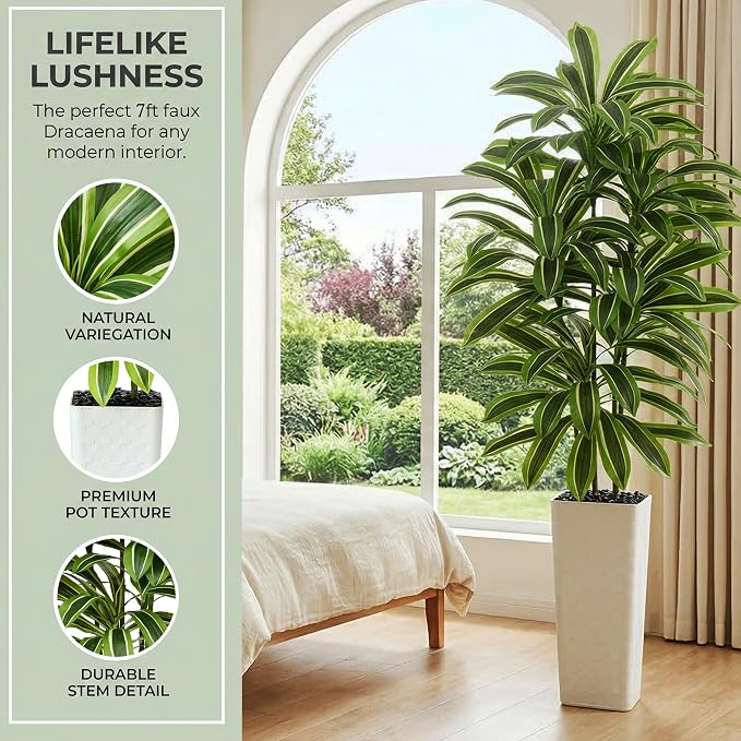 Artificial Dracaena Tree：7FT Faux Silk Tropical Yucca Floor Trees Realistic Fake Green Plant with Natural Wood Trunk & Lifelike Leaves for Home Office Decor Indoor & Outdoor (7FT,1-Pack,White)