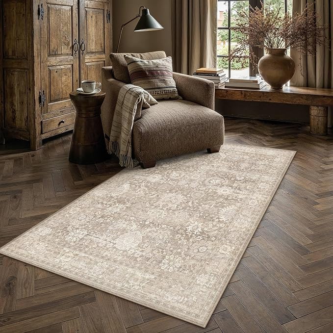 HUGEAR Area Rugs 4x6 Beige Washable Rug for Living Room Bedroom Neutral Vintage Rug Carpet Distressed Soft Durable Non Slip No Shedding for Indoor Dining Nursery Farmhouse