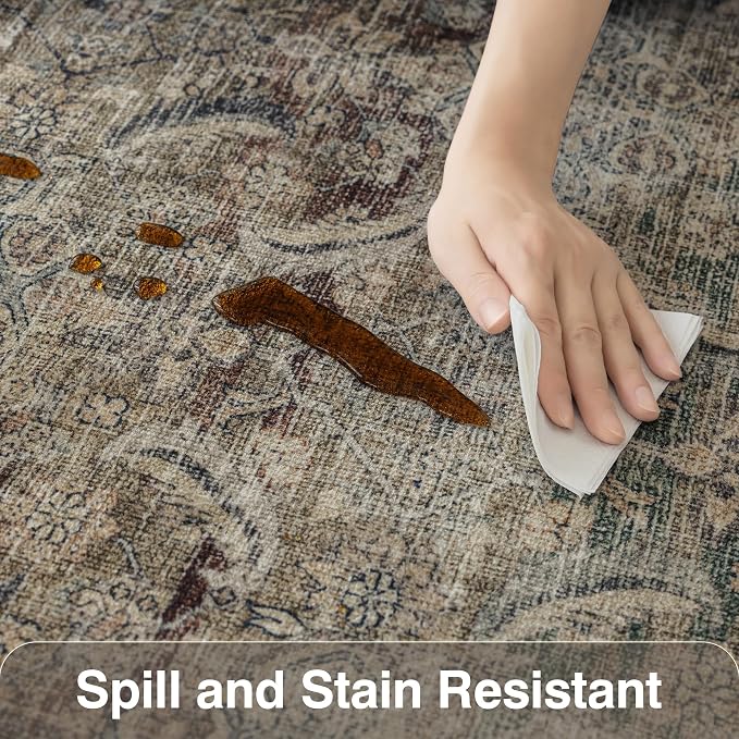 Fmfunctex 5x7 Washable Area Rug Neutral Vintage Brown Distressed Non Slip Low Pile Retro Indoor Carpet for Living Room Bedroom Soft Mat Throw Rug for Dining Office Kitchen Dorm Nursery Entryway, Multi