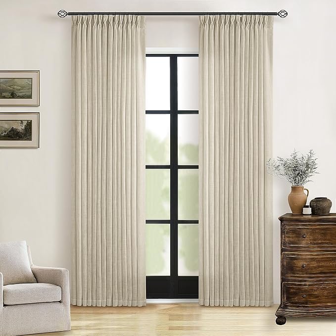 TWODRAPES Linen Pinch Pleated Linen Curtains 2 Panels for Living Room Bedroom Memory Training Shaped Semi Sheer Pleat Drapes with Hooks Rings Light Filtering Window Curtain 40x80
